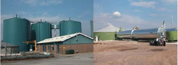Vertical continuously stirred tank reactor (CSTR, left) and horizontal plug-flow reactor (PFR, right) — two examples for large-scale agricultural biogas digesters in Europe. Source: BRUYN (2006)